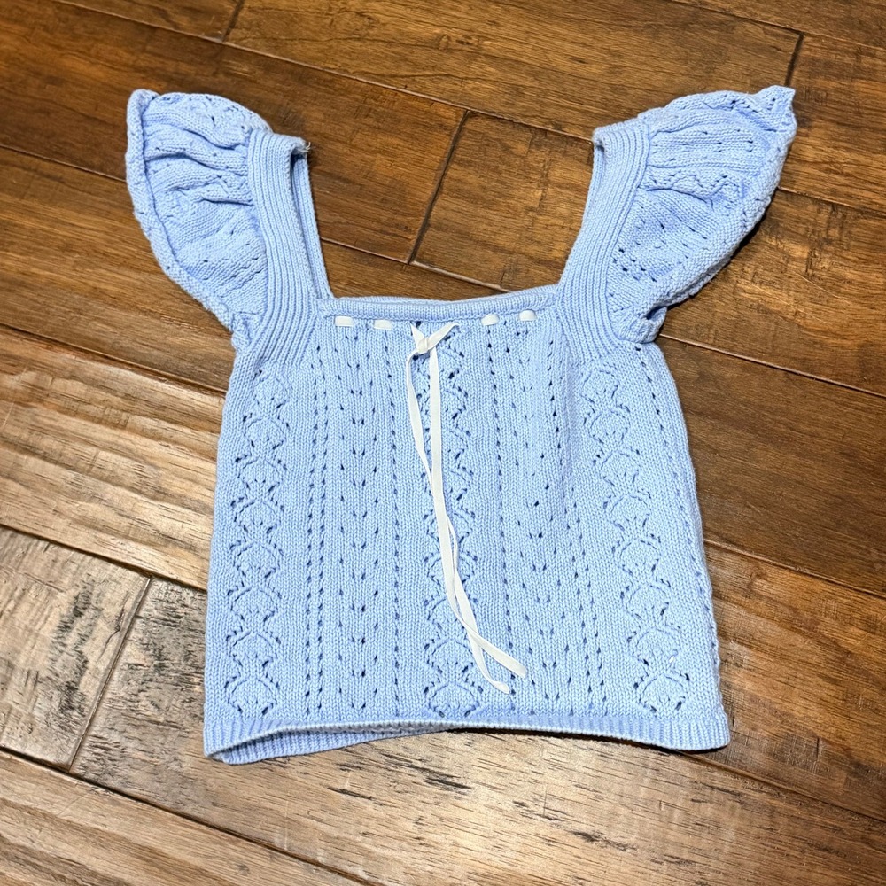 Haute Hippie Crochet Style Blue Pointelle Knit Ruffle Cap Sleeve Cotton Top XS